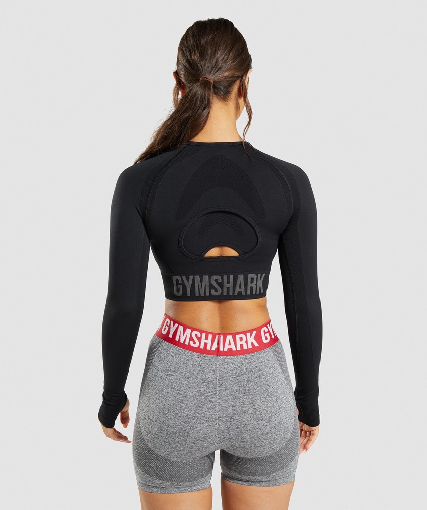 Black Women's Gymshark Flex Sports Long Sleeve Crop Top T-Shirts | USA-90158