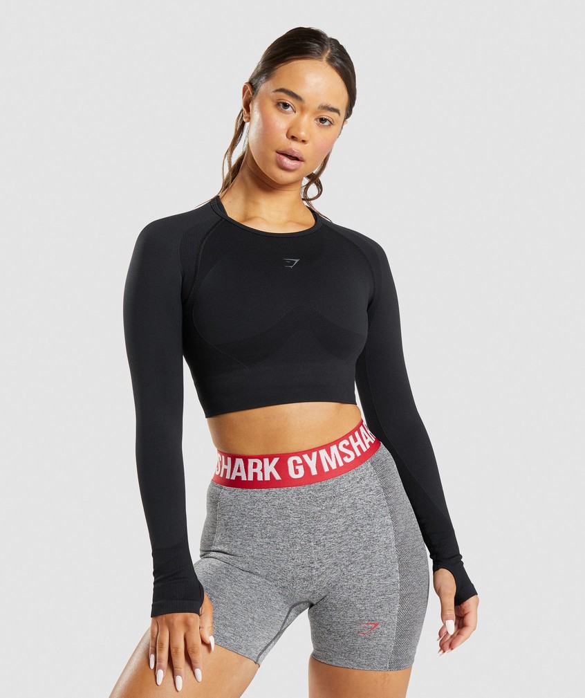 Black Women\'s Gymshark Flex Sports Long Sleeve Crop Top T-Shirts | USA-90158