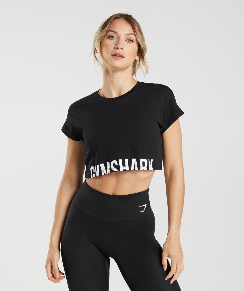 Black Women\'s Gymshark Fraction Crop Top T-Shirts | USA-56192