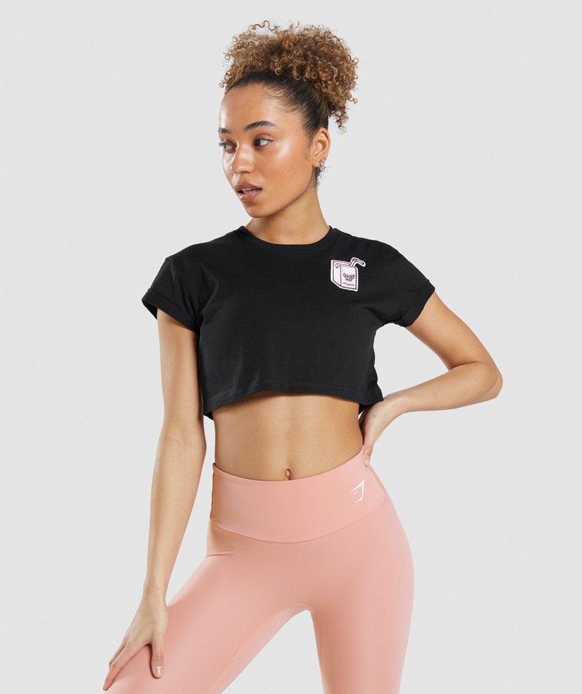 Black Women\'s Gymshark Sticker Pack Crop Tee T-Shirts | USA-10548