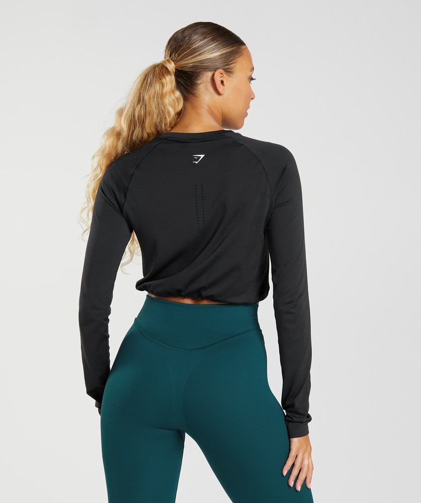 Black Women's Gymshark Sweat Seamless Long Sleeve Crop Top T-Shirts | USA-61280