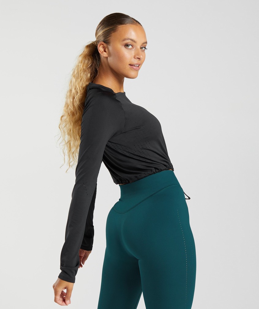 Black Women's Gymshark Sweat Seamless Long Sleeve Crop Top T-Shirts | USA-61280