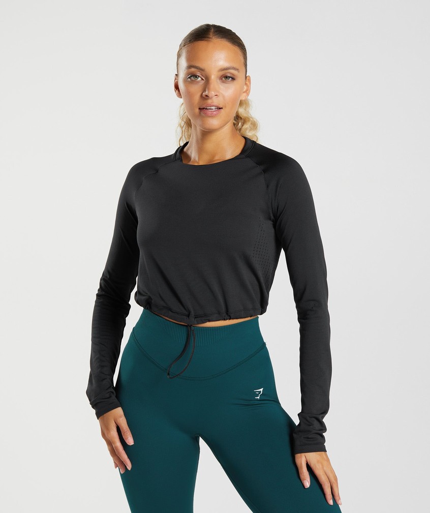 Black Women\'s Gymshark Sweat Seamless Long Sleeve Crop Top T-Shirts | USA-61280