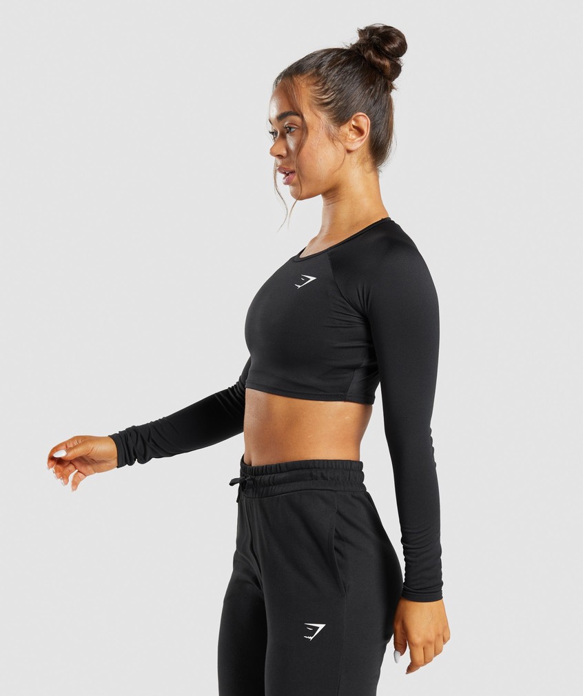 Black Women's Gymshark Training Long Sleeve Crop Top T-Shirts | USA-67580