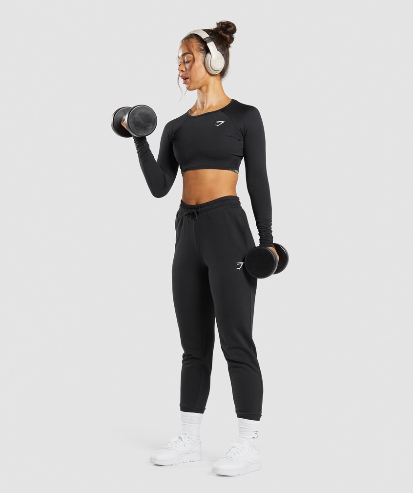 Black Women's Gymshark Training Long Sleeve Crop Top T-Shirts | USA-67580