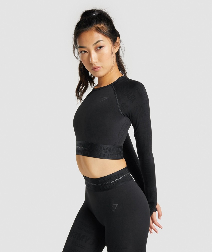 Black Women's Gymshark Vision Long Sleeve Crop Top T-Shirts | USA-59207