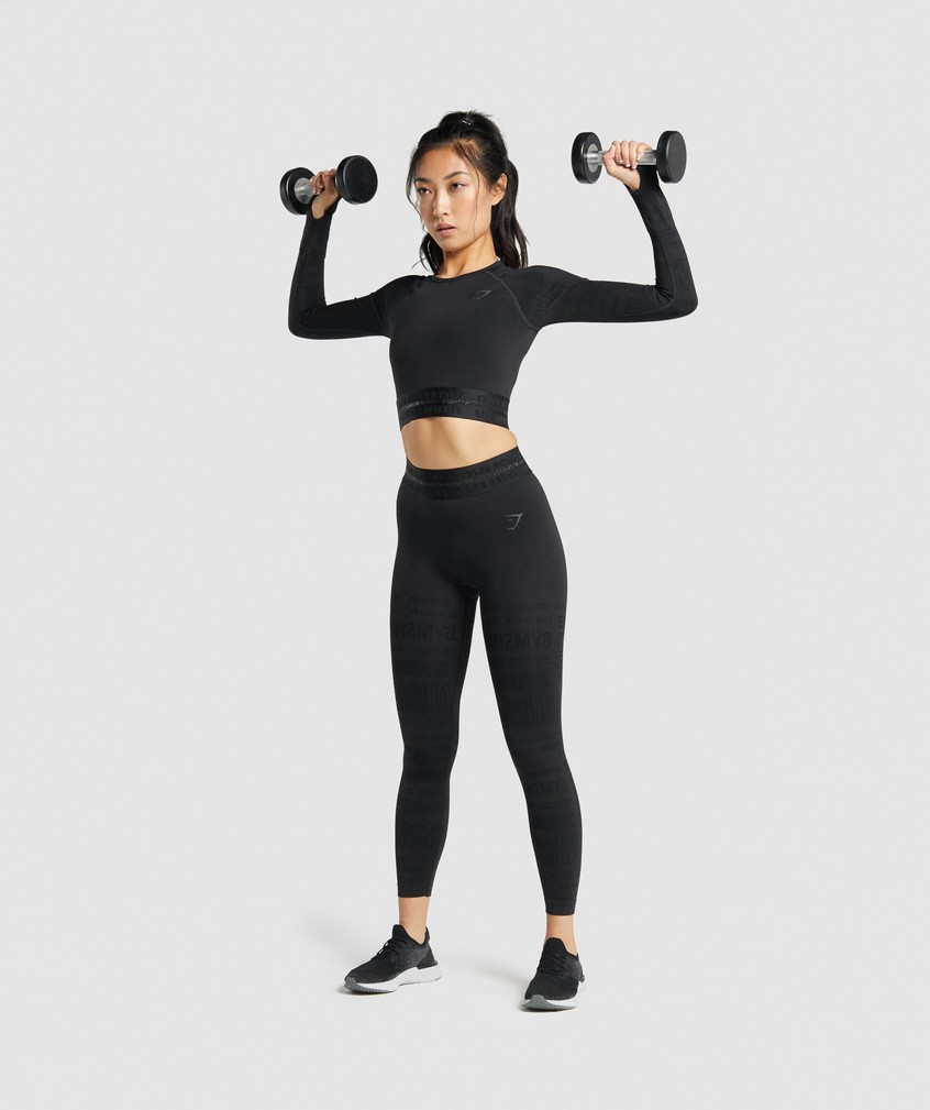 Black Women's Gymshark Vision Long Sleeve Crop Top T-Shirts | USA-59207