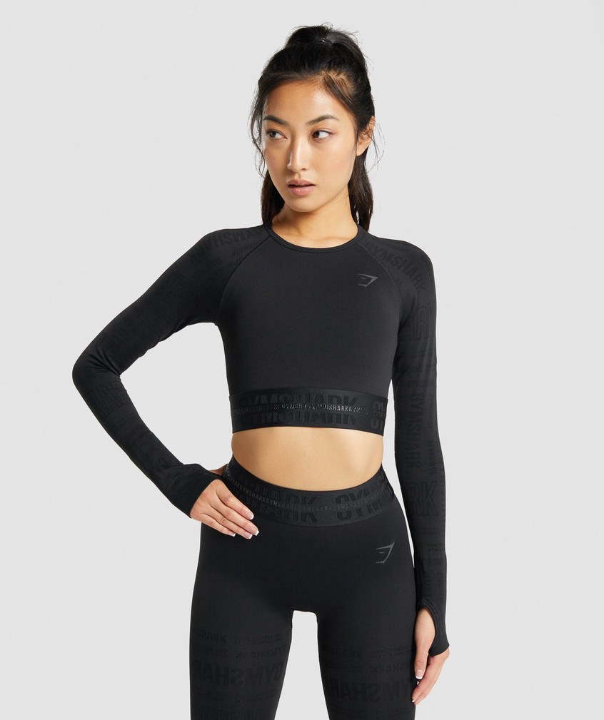 Black Women\'s Gymshark Vision Long Sleeve Crop Top T-Shirts | USA-59207