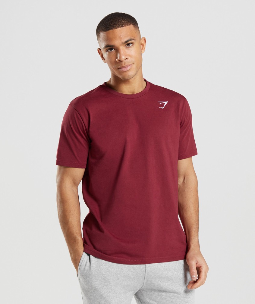 Burgundy Red Men\'s Gymshark Crest T-Shirts | USA-17384