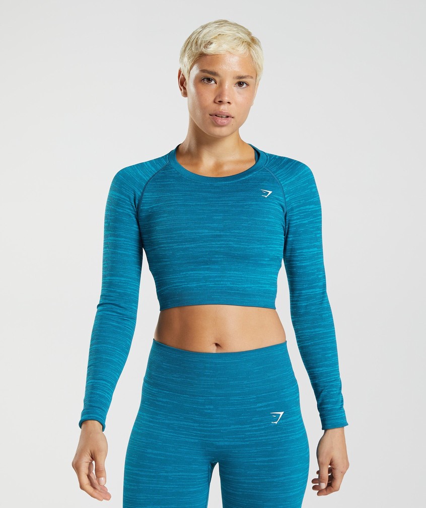 Dark Grey Blue Women\'s Gymshark Adapt Marl Seamless Long Sleeve Crop Top T-Shirts | USA-80765