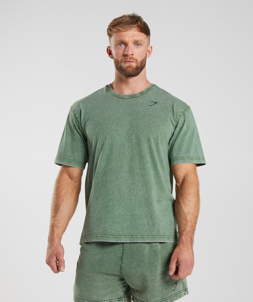 Green Men's Gymshark Power Washed T-Shirts | USA-79063