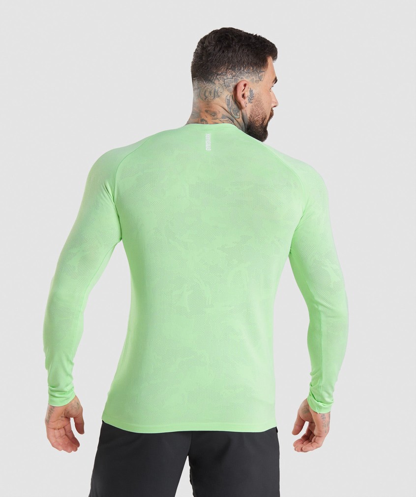 Green / White Men's Gymshark Geo Seamless Long Sleeve T-Shirts | USA-46012