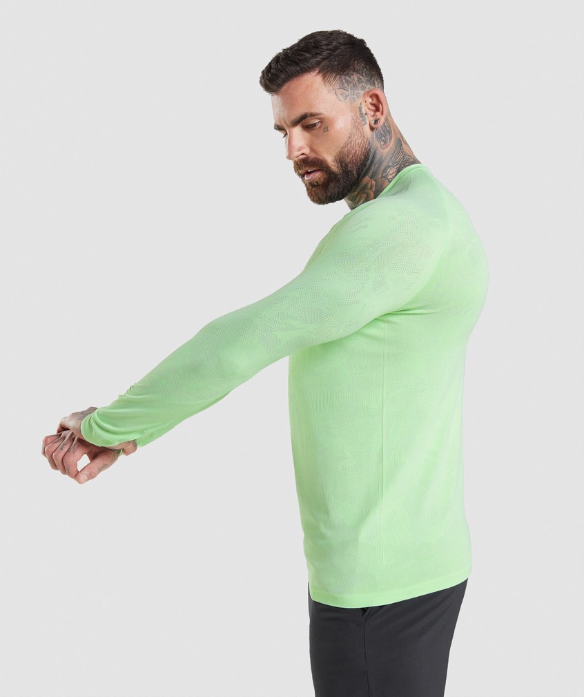 Green / White Men's Gymshark Geo Seamless Long Sleeve T-Shirts | USA-46012