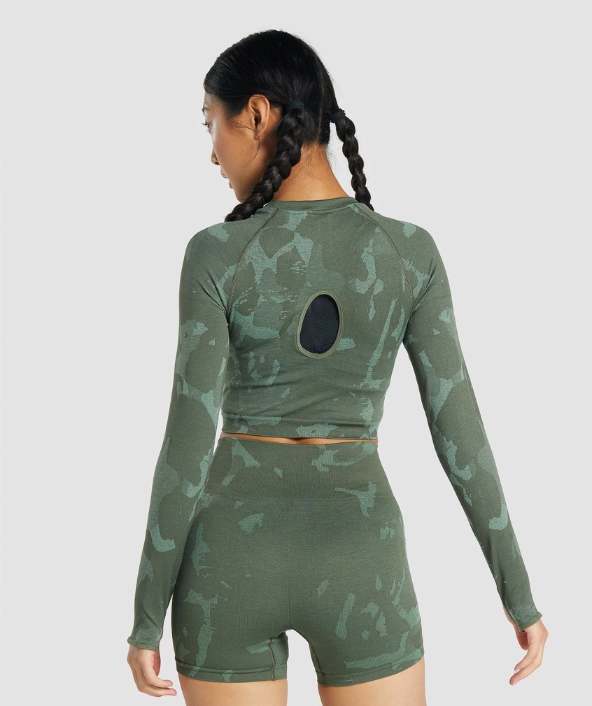 Green Women's Gymshark Adapt Camo Seamless Long Sleeve Crop Top T-Shirts | USA-35962