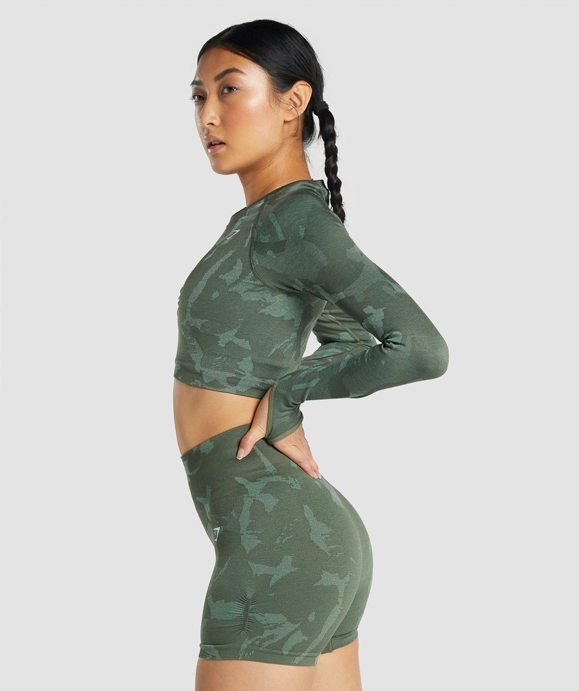 Green Women's Gymshark Adapt Camo Seamless Long Sleeve Crop Top T-Shirts | USA-35962