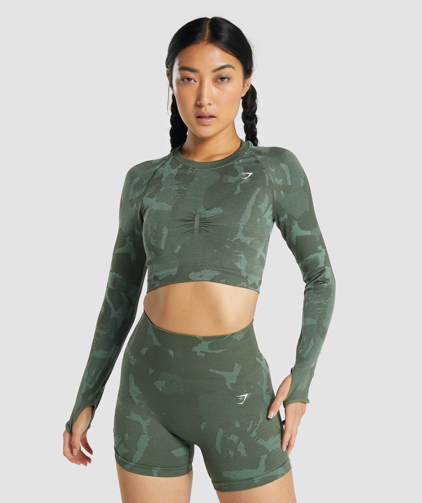 Green Women\'s Gymshark Adapt Camo Seamless Long Sleeve Crop Top T-Shirts | USA-35962