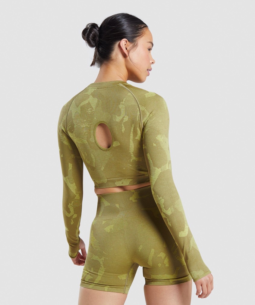 Green Women's Gymshark Adapt Camo Seamless Long Sleeve Crop Top T-Shirts | USA-42356