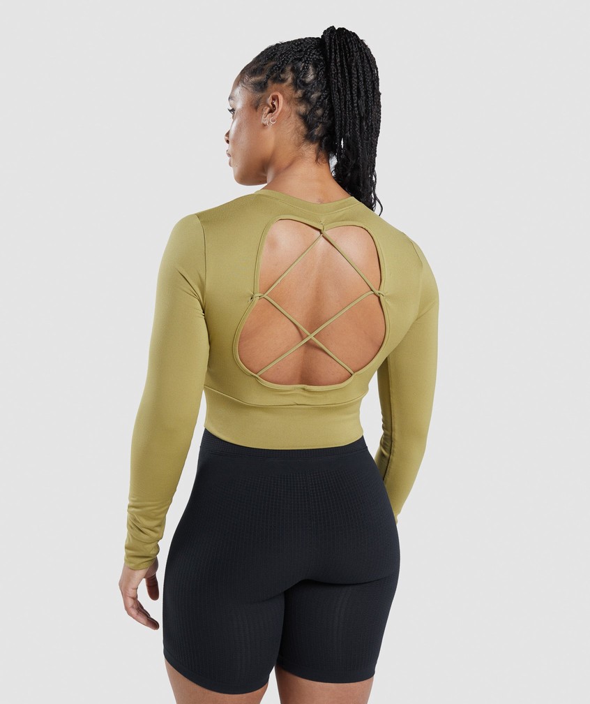 Green Women's Gymshark Pause Open Back Long Sleeve Crop Top T-Shirts | USA-96085