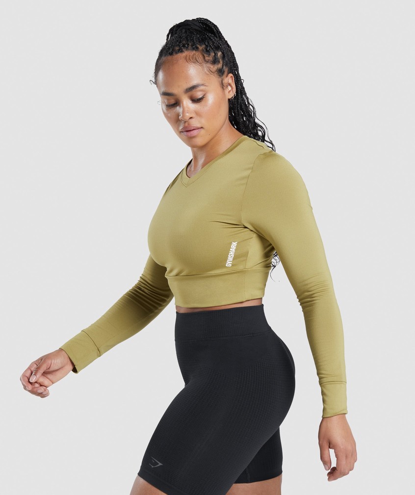 Green Women's Gymshark Pause Open Back Long Sleeve Crop Top T-Shirts | USA-96085