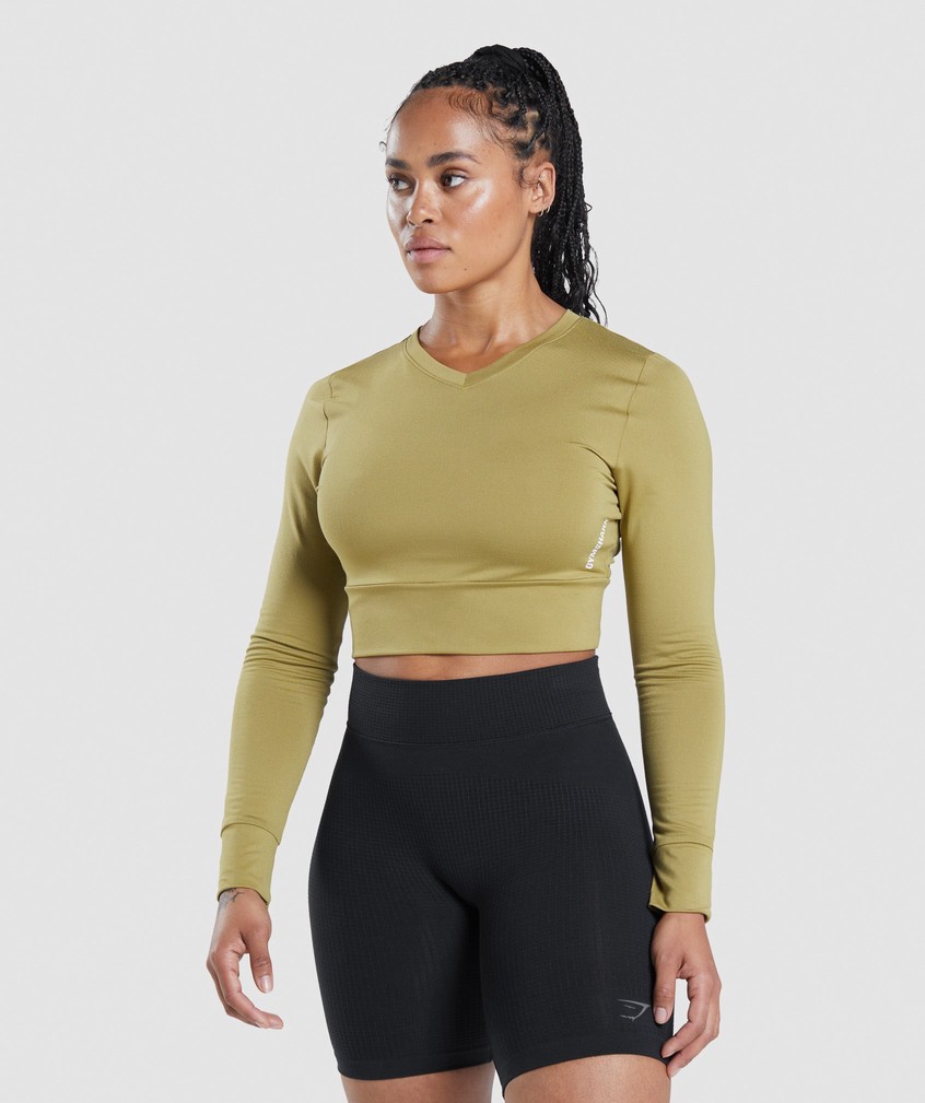 Green Women\'s Gymshark Pause Open Back Long Sleeve Crop Top T-Shirts | USA-96085