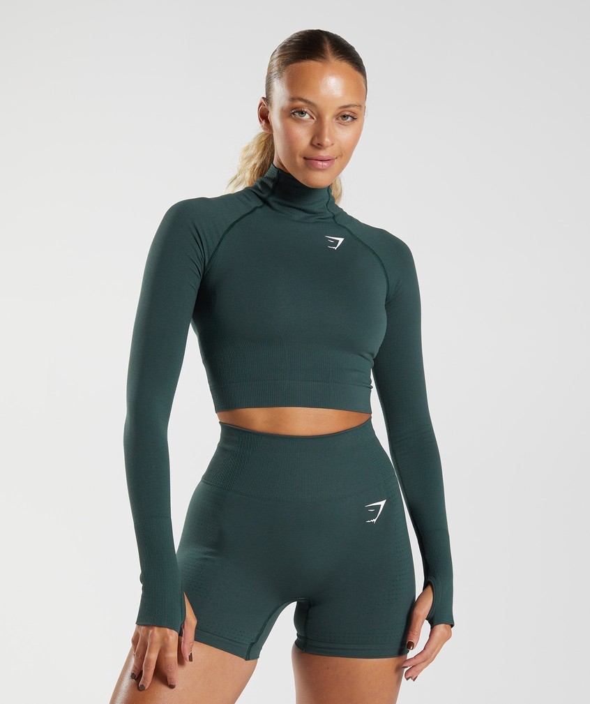 Green Women\'s Gymshark Vital Seamless 2.0 High Neck Midi Top T-Shirts | USA-26197