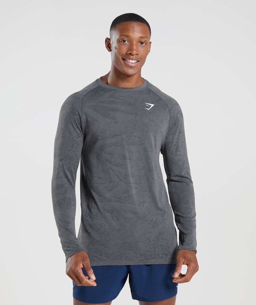 Grey / Black Men's Gymshark Geo Seamless Long Sleeve T-Shirts | USA-29387