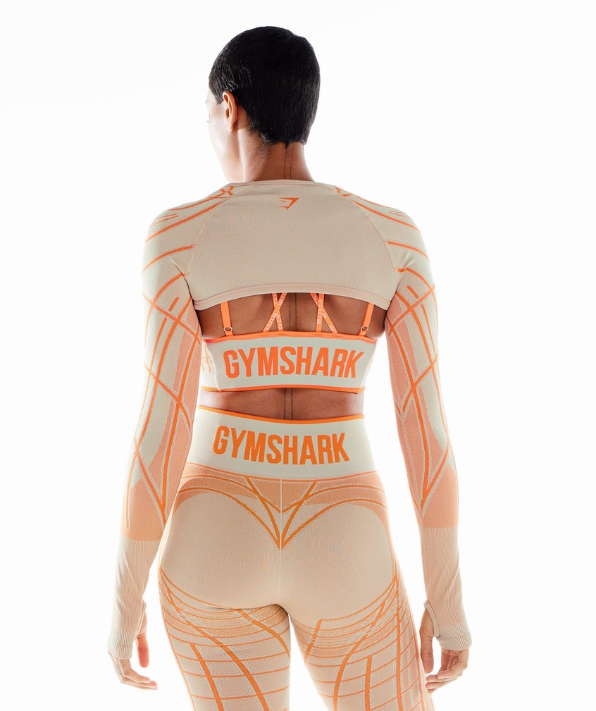 Grey / Orange / White Women's Gymshark Wtflex Linear Seamless Long Sleeve Shrug T-Shirts | USA-51964