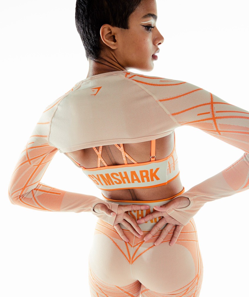 Grey / Orange / White Women's Gymshark Wtflex Linear Seamless Long Sleeve Shrug T-Shirts | USA-51964