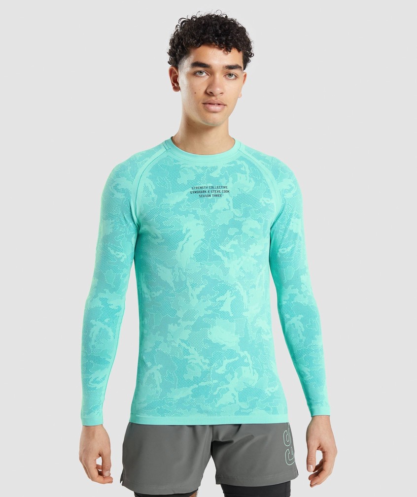 Light Turquoise / Blue Men's Gymshark Steve Cook Long Sleeve Seamless T-Shirts | USA-64537