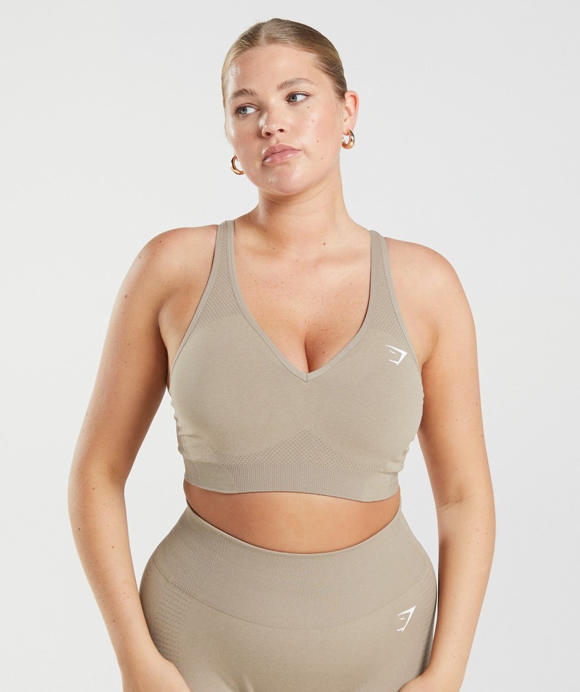 Light Yellow Brown Women's Gymshark Vital Seamless 2.0 V Neck Sports Bra | USA-47095