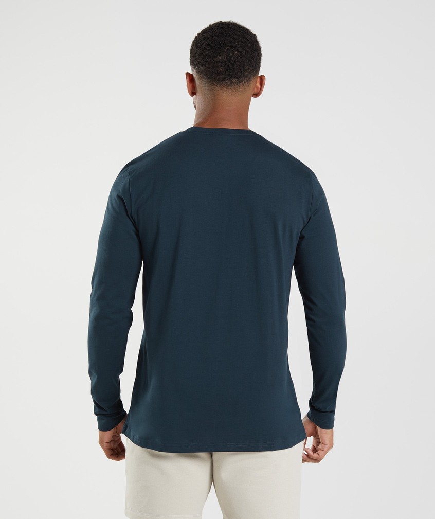 Navy Men's Gymshark Crest Long Sleeve T-Shirts | USA-60235