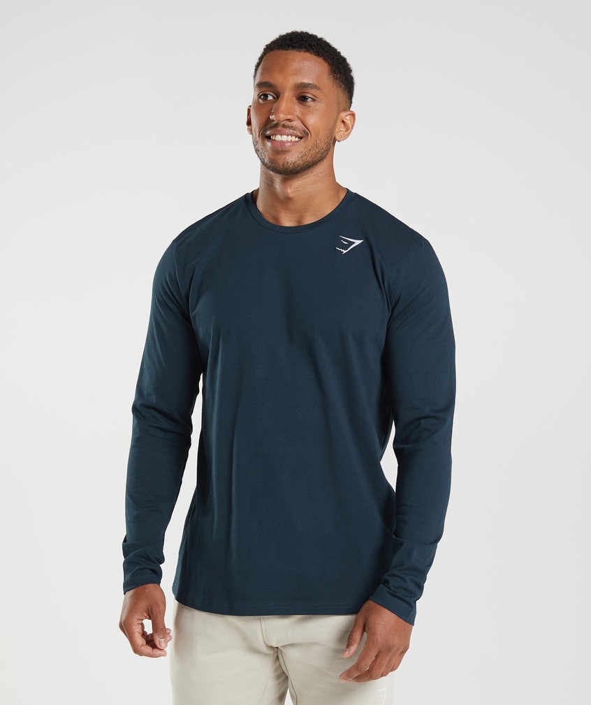 Navy Men\'s Gymshark Crest Long Sleeve T-Shirts | USA-60235