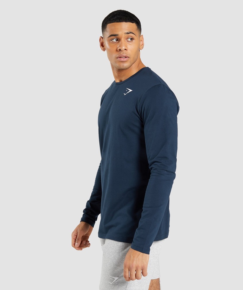 Navy Men's Gymshark Essential Long Sleeve T-Shirts | USA-01473