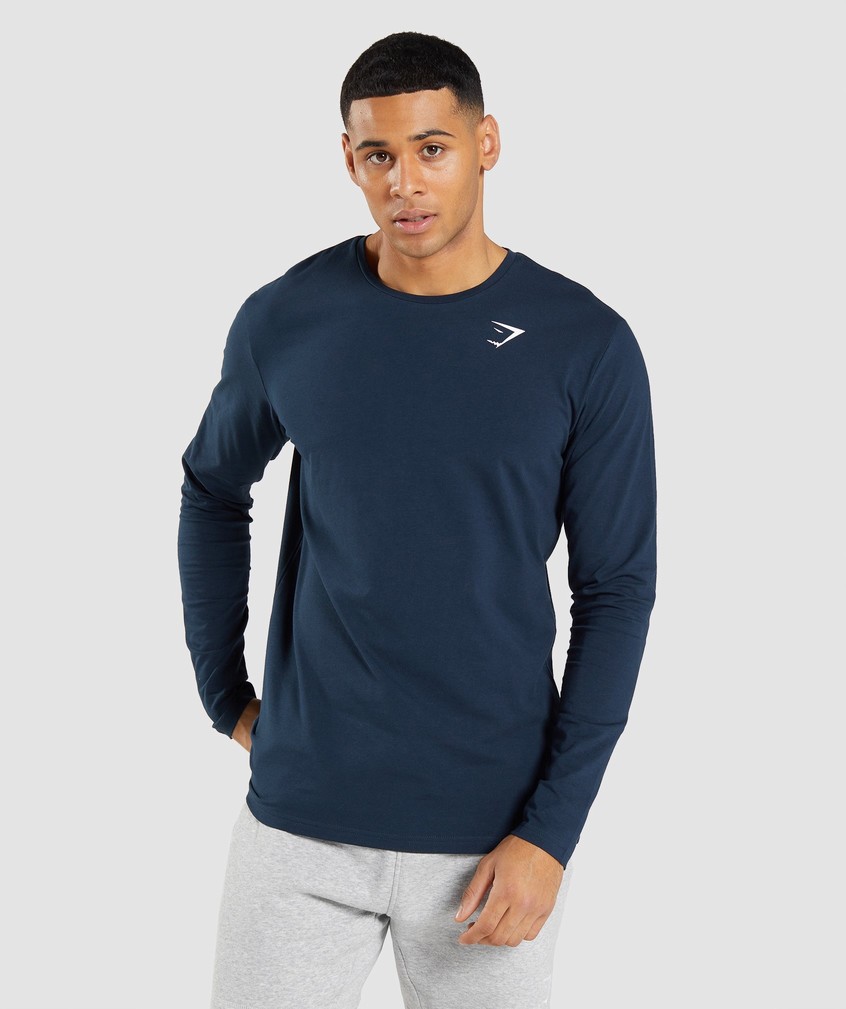 Navy Men\'s Gymshark Essential Long Sleeve T-Shirts | USA-01473