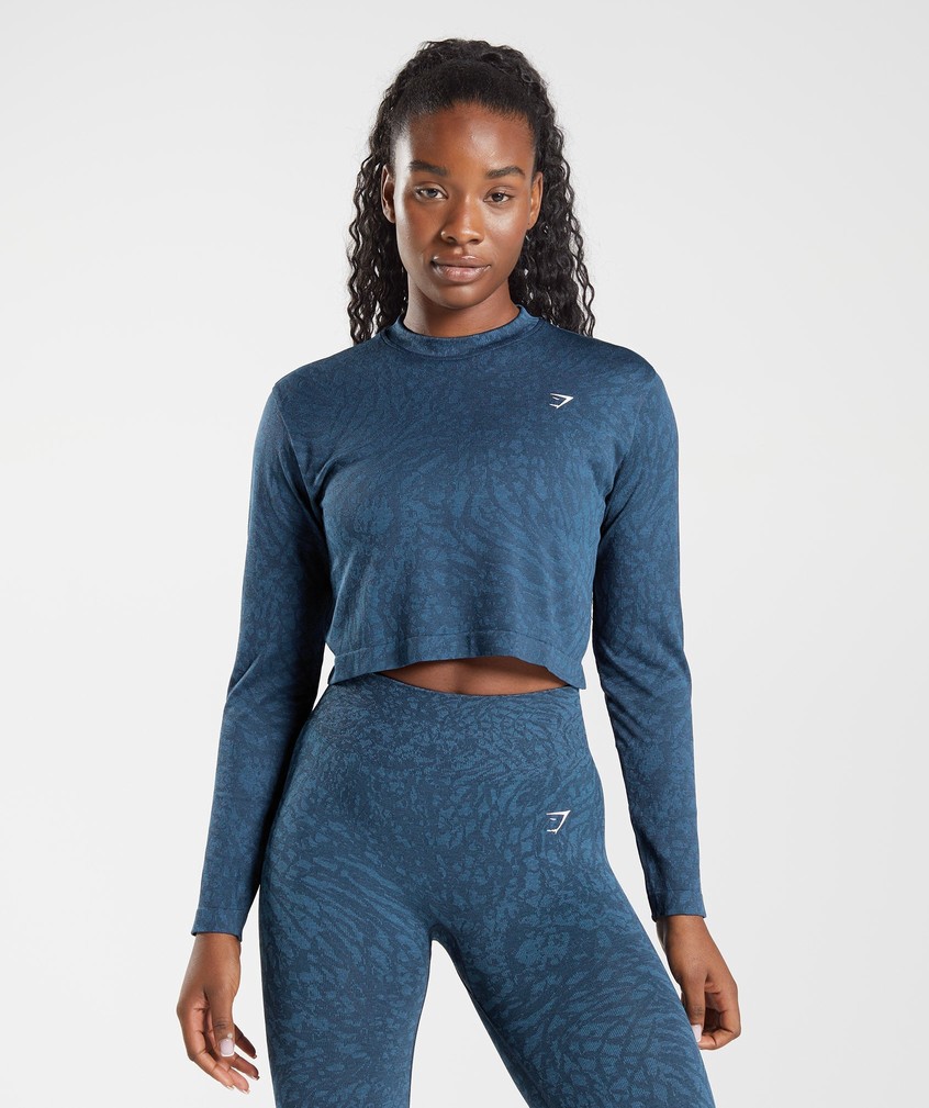 Navy Women\'s Gymshark Adapt Animal Seamless Long Sleeve Top T-Shirts | USA-34216