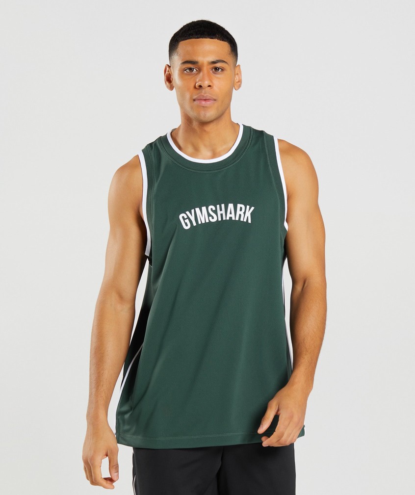 Obsidian Green / White Men\'s Gymshark Recess Basketball Tank | USA-94352