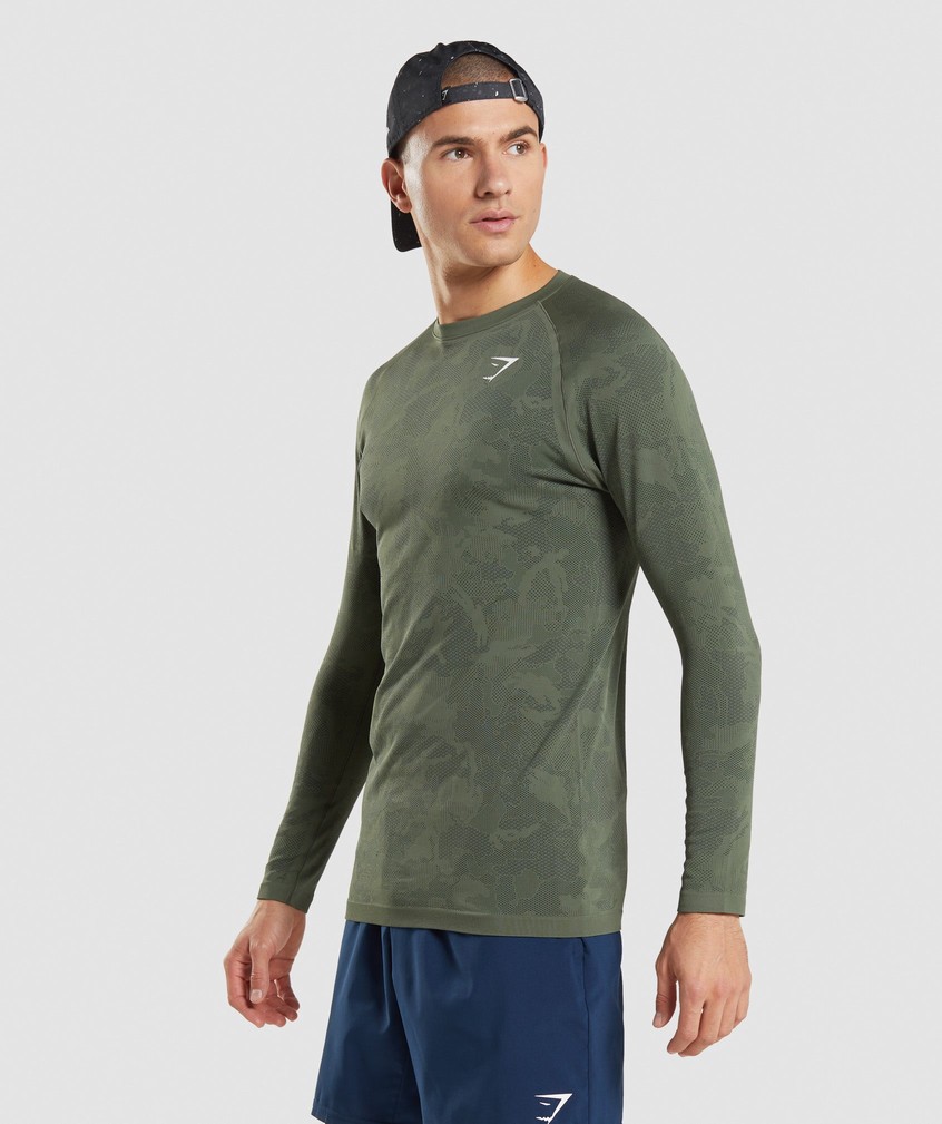 Olive / Black Men's Gymshark Geo Seamless Long Sleeve T-Shirts | USA-95684