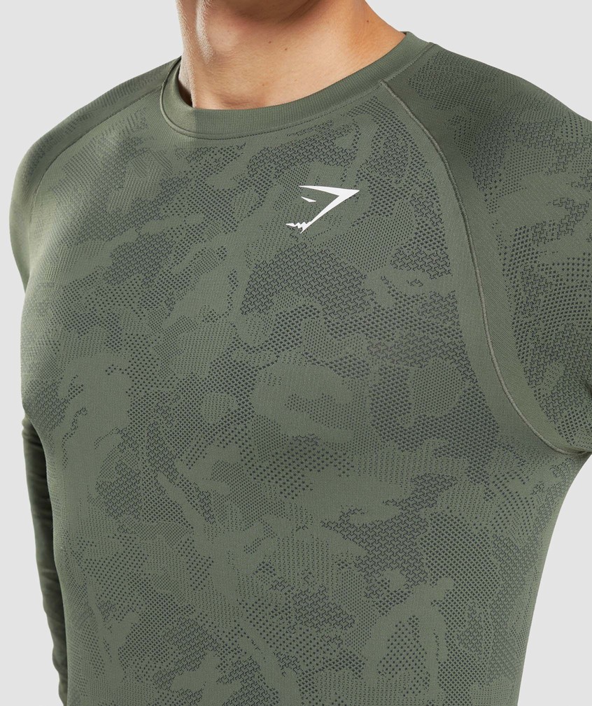 Olive / Black Men's Gymshark Geo Seamless Long Sleeve T-Shirts | USA-95684