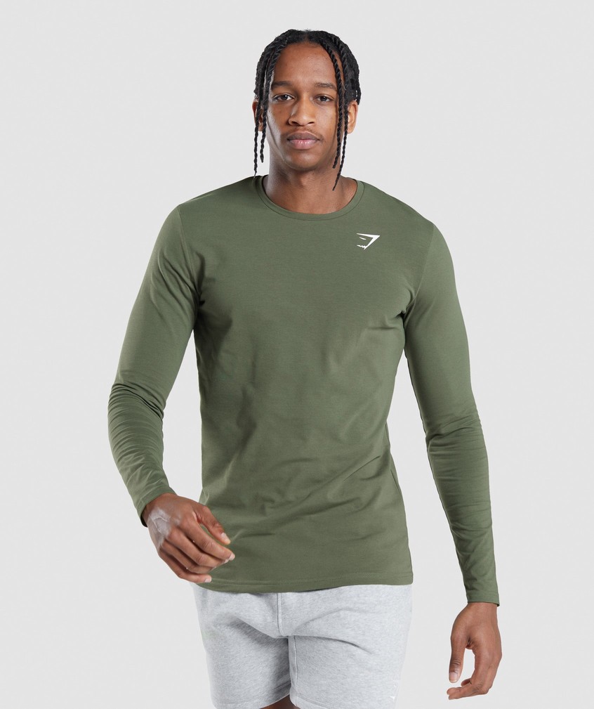 Olive Men\'s Gymshark Essential Long Sleeve T-Shirts | USA-69537