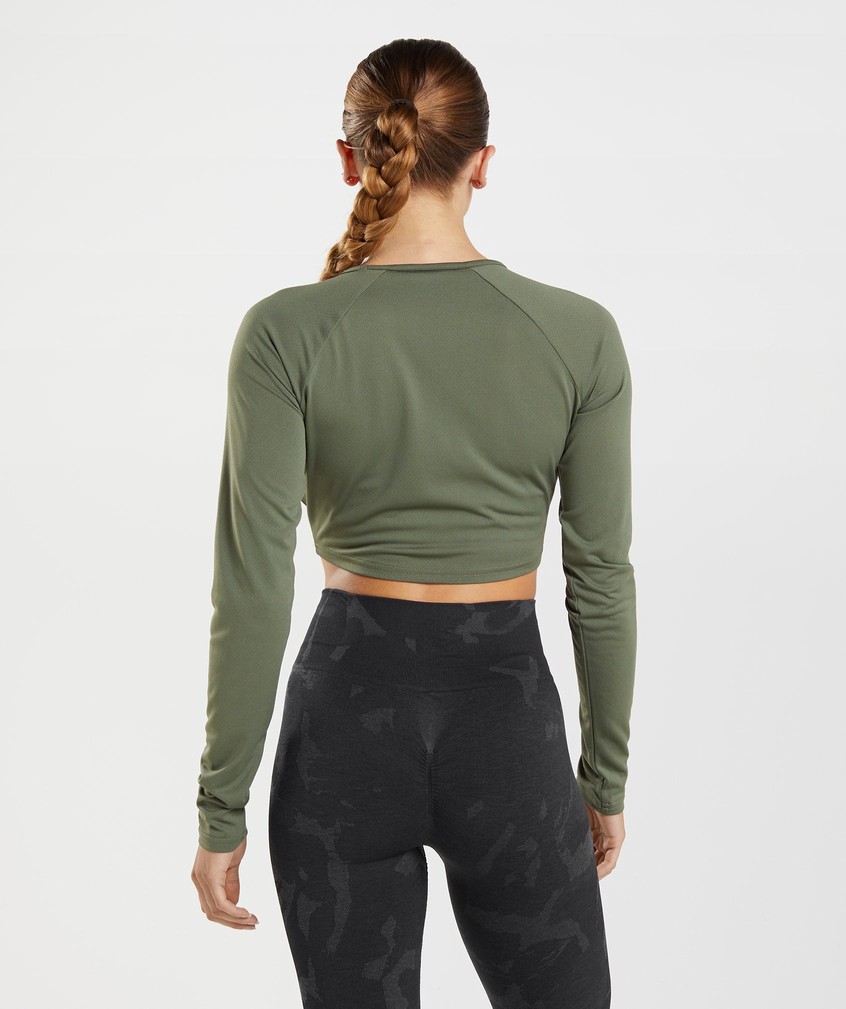 Olive Women's Gymshark Training Long Sleeve Crop Top T-Shirts | USA-04318