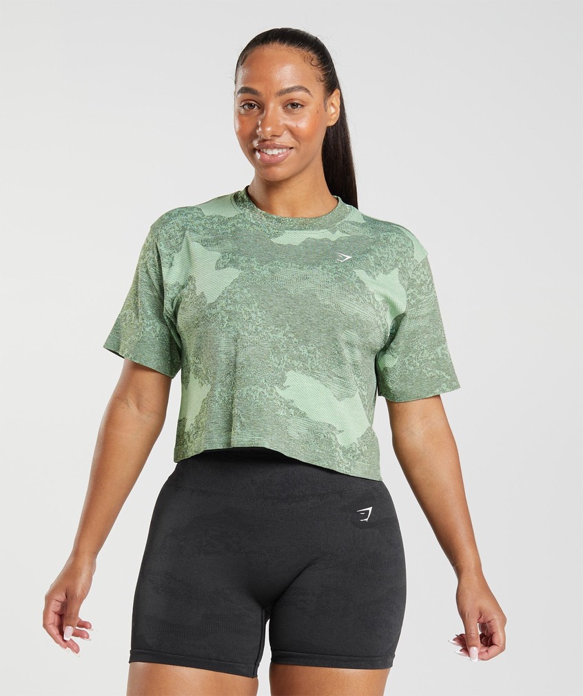 Orange / Green / Olive Women\'s Gymshark Adapt Camo Seamless Crop Top T-Shirts | USA-52340