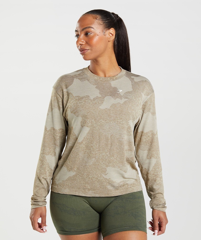 Orange / Grey / Brown Women\'s Gymshark Adapt Camo Seamless Long Sleeve Top T-Shirts | USA-17902