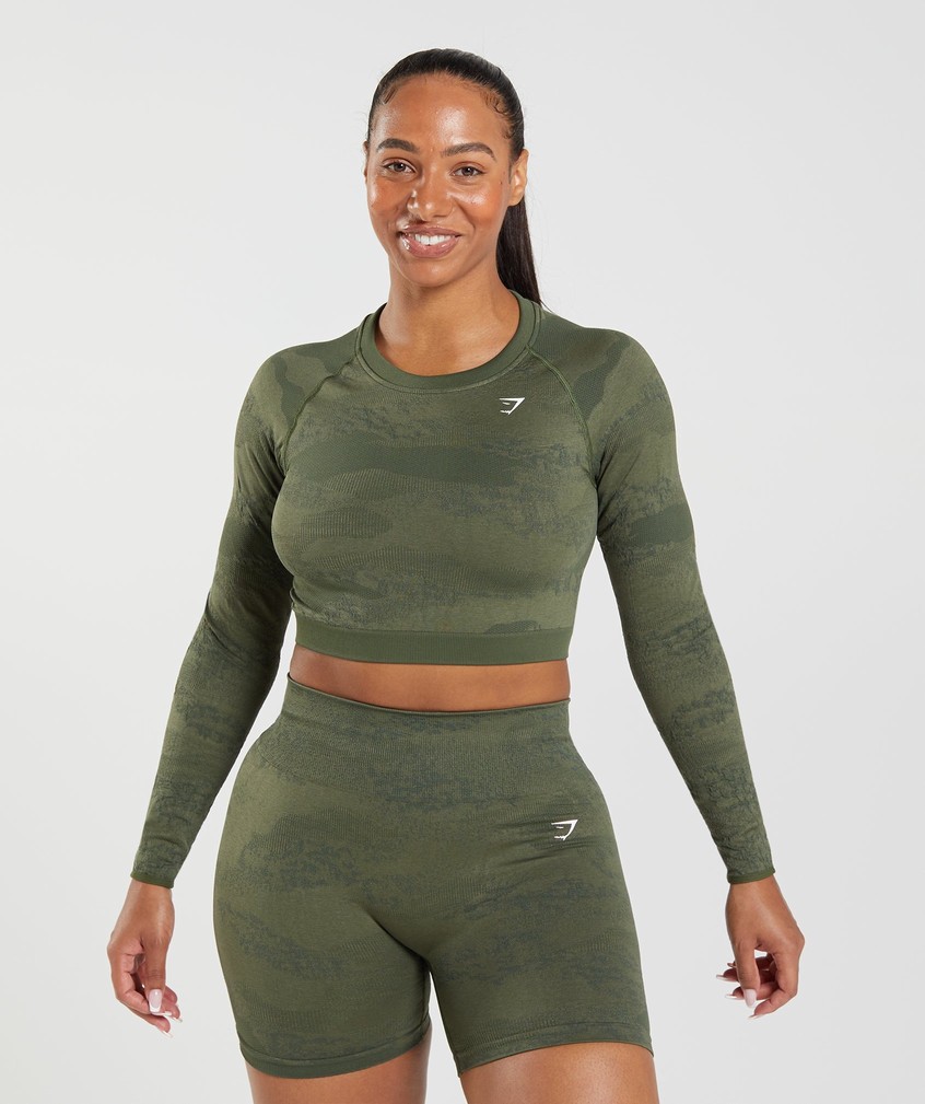 Orange / Olive Women's Gymshark Adapt Camo Seamless Lace Up Back Top T-Shirts | USA-46831