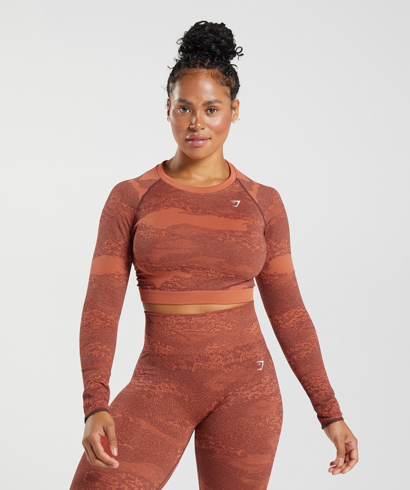 Orange / Red / Pink Brown Women's Gymshark Adapt Camo Seamless Lace Up Back Top T-Shirts | USA-73519