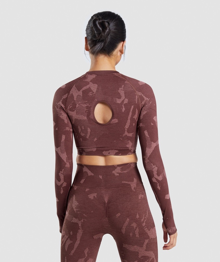 Pink Brown Women's Gymshark Adapt Camo Seamless Long Sleeve Crop Top T-Shirts | USA-75398