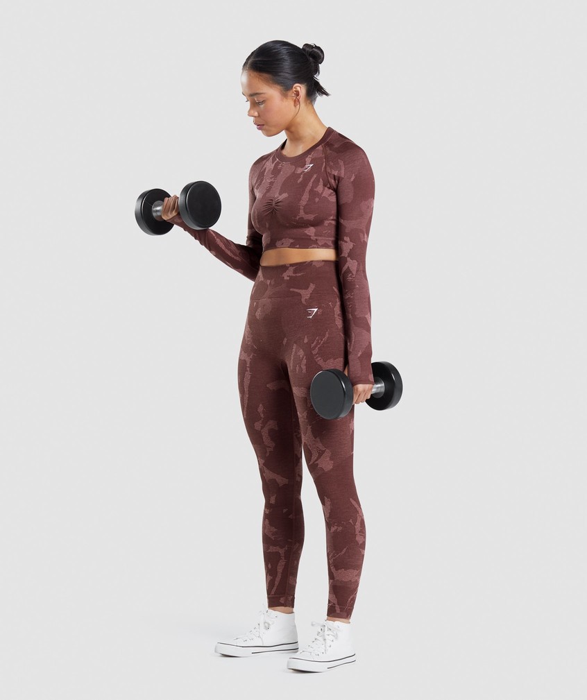 Pink Brown Women's Gymshark Adapt Camo Seamless Long Sleeve Crop Top T-Shirts | USA-75398