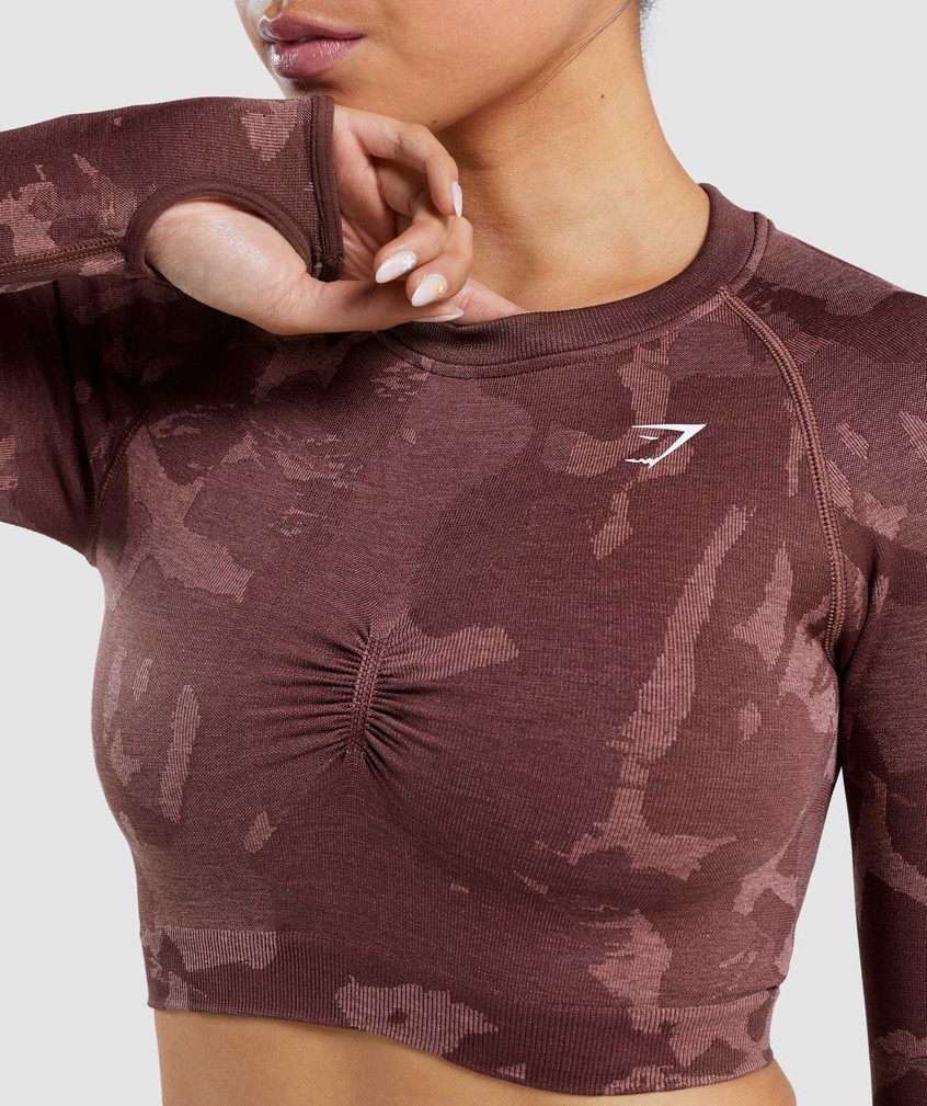 Pink Brown Women's Gymshark Adapt Camo Seamless Long Sleeve Crop Top T-Shirts | USA-75398