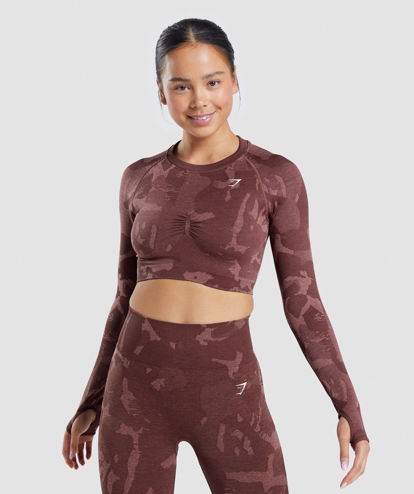 Pink Brown Women\'s Gymshark Adapt Camo Seamless Long Sleeve Crop Top T-Shirts | USA-75398