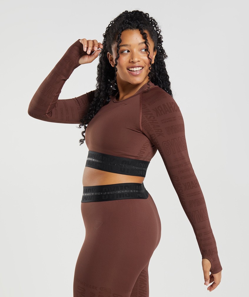 Pink Brown Women's Gymshark Vision Long Sleeve Crop Top T-Shirts | USA-13274