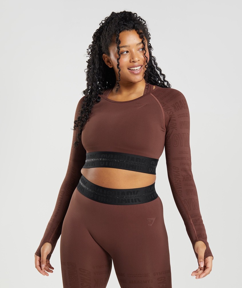 Pink Brown Women\'s Gymshark Vision Long Sleeve Crop Top T-Shirts | USA-13274